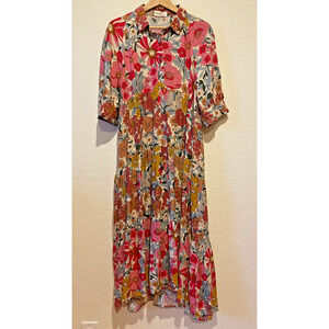 Natural Life Dress Sz L Multi Floral Boho Tiered Maxi Button Front Rayon Cottage